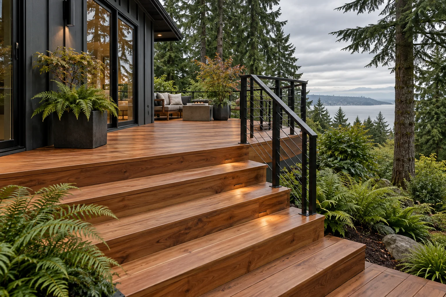 Design concept showing warm wood deck steps, dark railings, and lush Pacific Northwest planting
