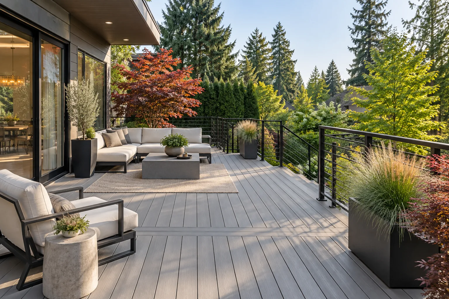 Design concept of a gray composite deck with cream lounge chairs, black railings, and garden planting