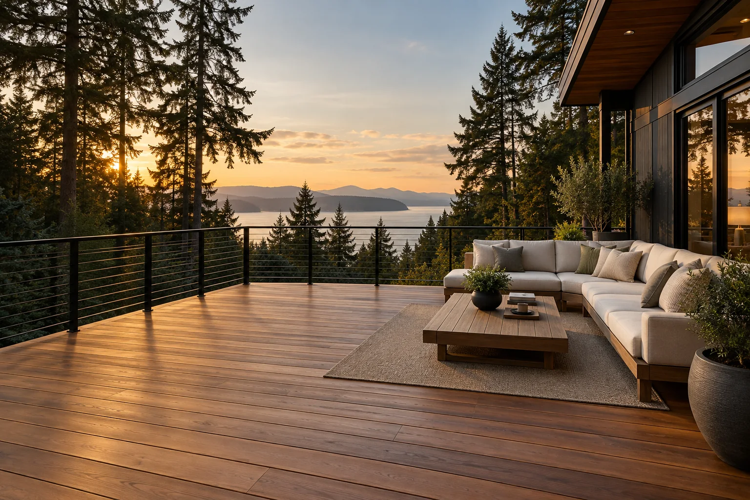 Architectural concept of a timber deck overlooking Puget Sound, with lounge seating and evergreen trees
