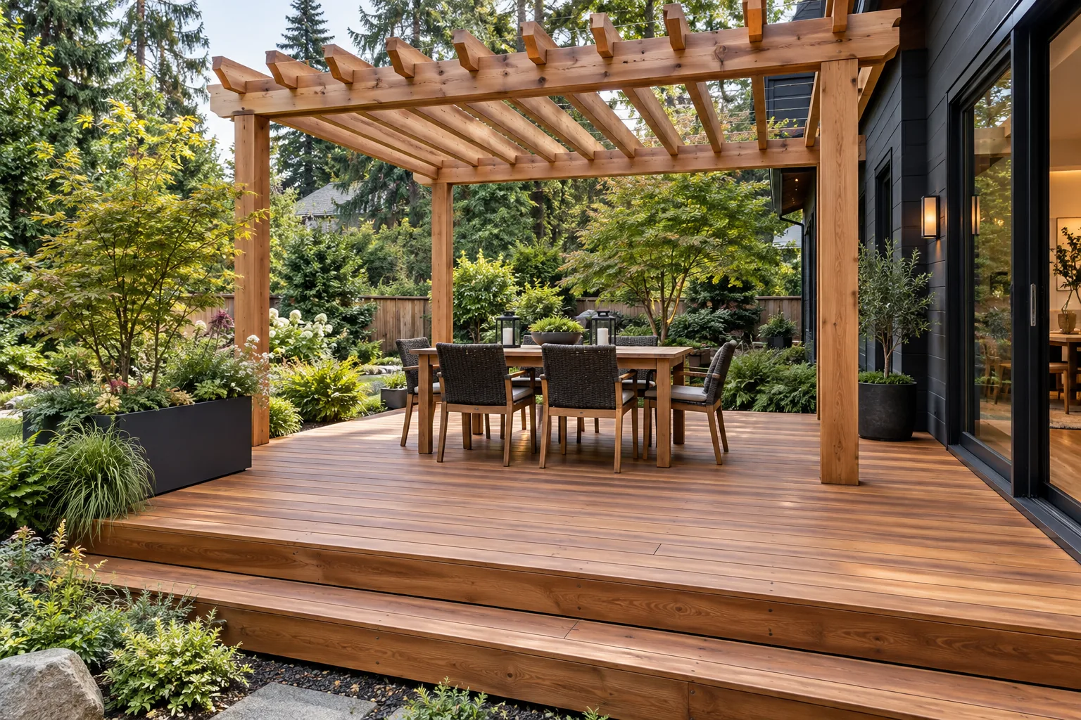 Design concept of a cedar dining deck beneath a timber pergola in a lush garden