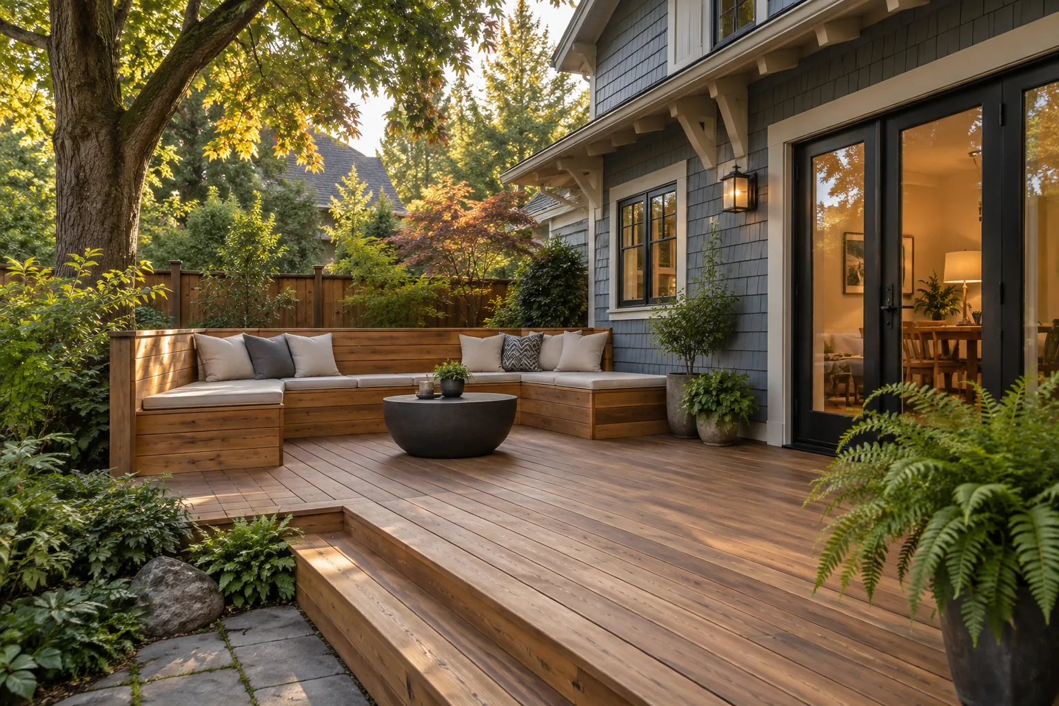 Design concept of a small wood backyard deck with a built-in bench beside a craftsman-style house